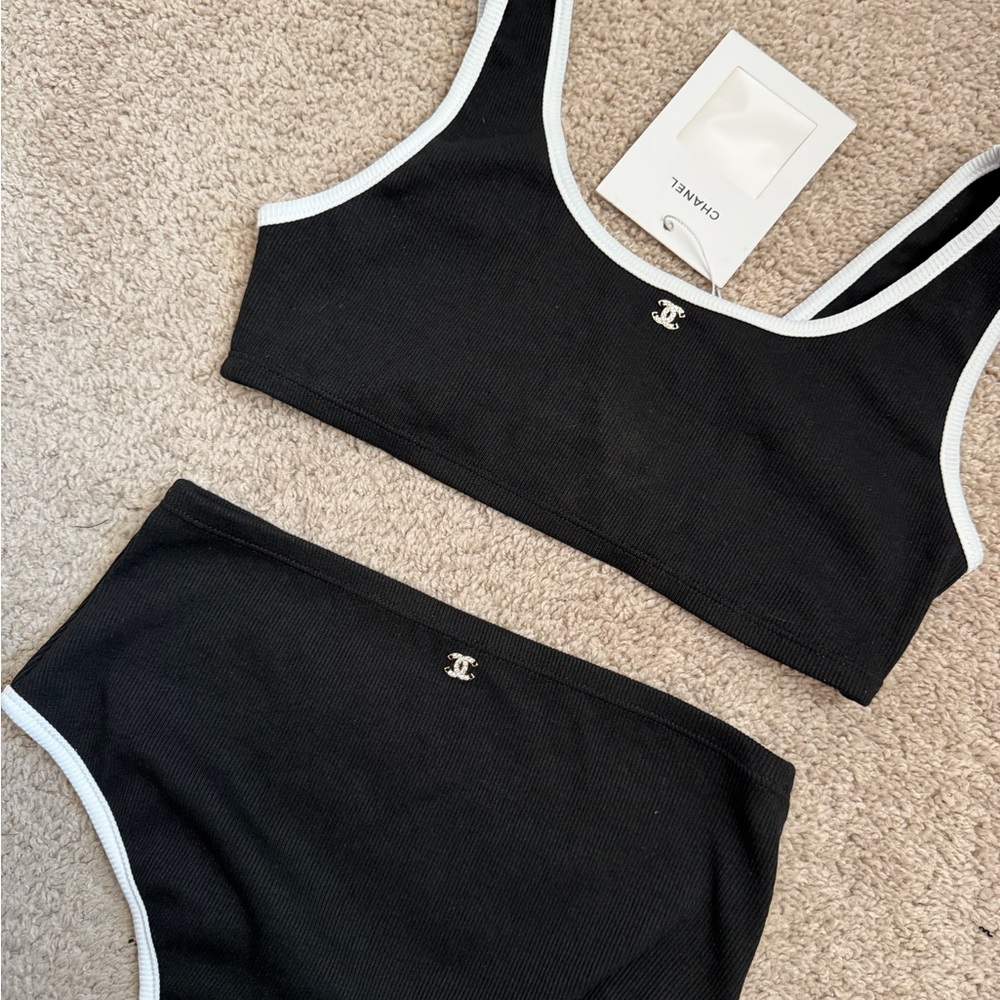CHANEL Black Ribbed Bikini Set with White Trim and Gold CC Charm